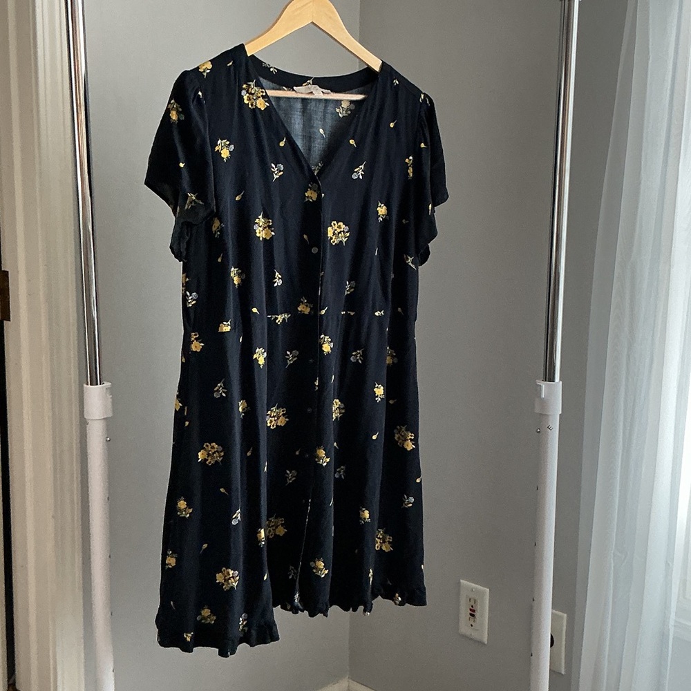 LOFT Black Dress with Yellow Floral Print